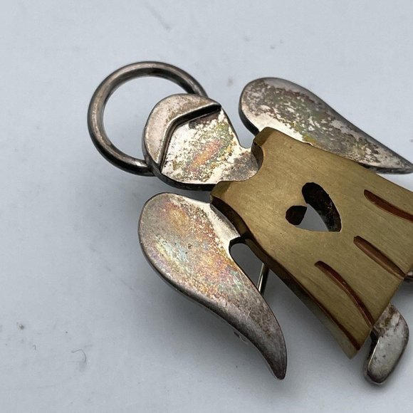 Sterling Steel Silver & Gold Tone Brass Small Angel Brooch With Heart & Halo - Picture 2 of 5